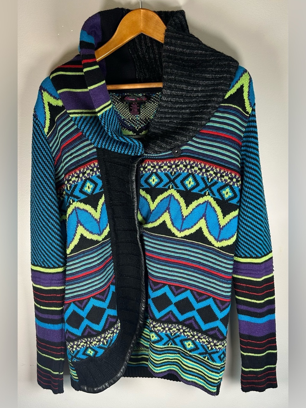Elena Wang Womens Knit Cardigan Blanket Coat Sz M Southwestern Aztec Neon Colors